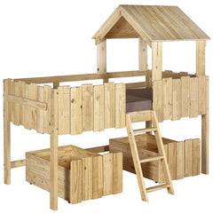 Lit cabane avec Tiroirs Et Matelas Donnie Bois Naturel 90x190cm